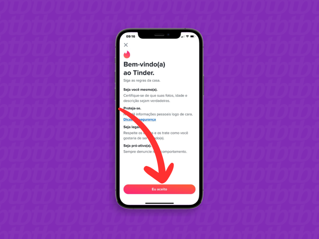 Captura de tela do app Tinder mostra como aceitar as regras de uso