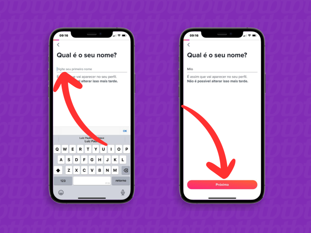 Captura de tela do app Tinder mostra como informar o nome