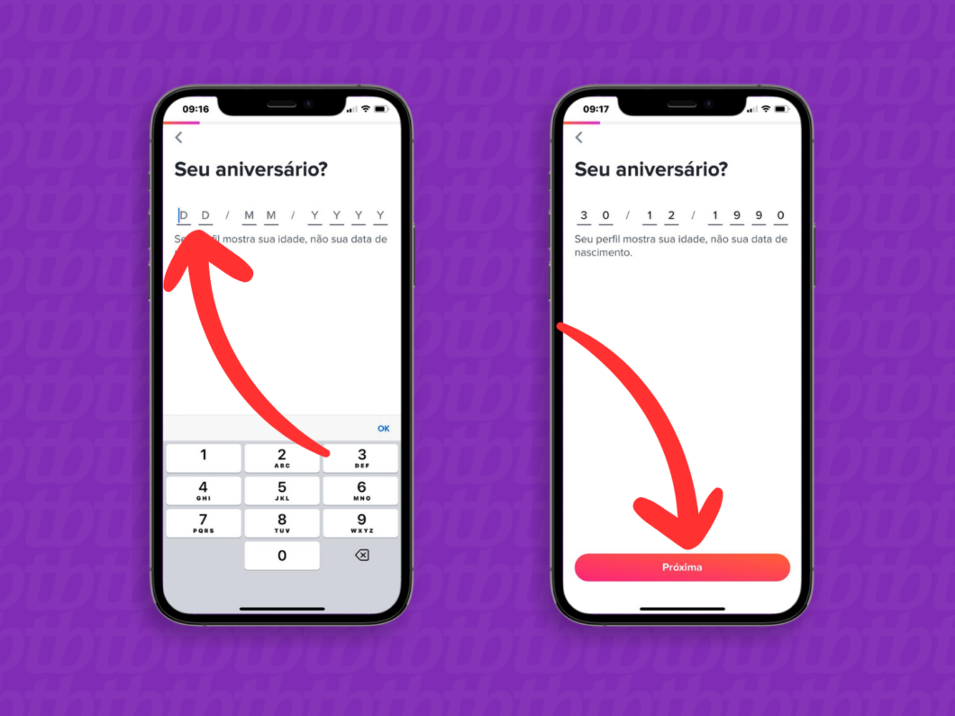 Captura de tela do app Tinder mostra como informar a data de nascimento