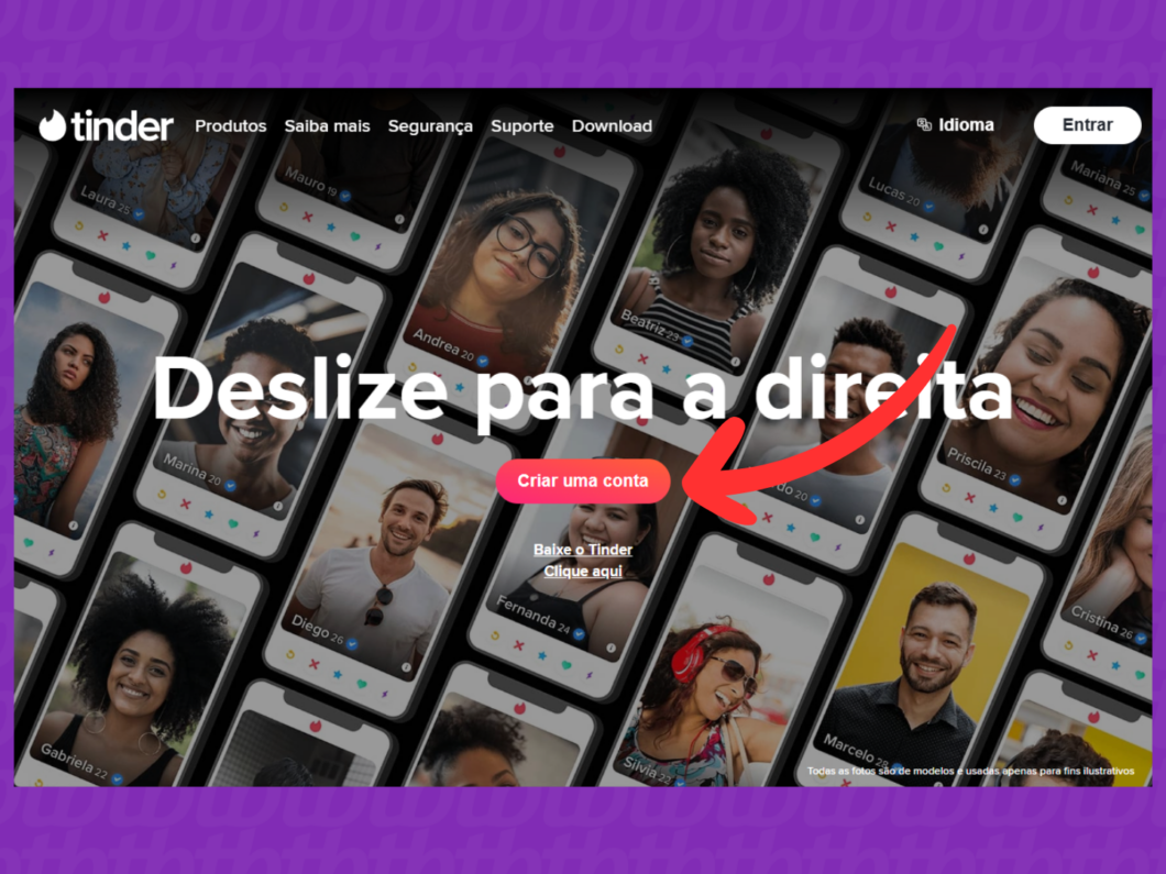 Captura de tela do site Tinder mostra como iniciar a criação da conta