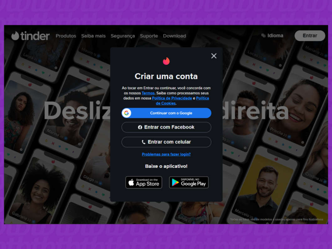 Captura de tela do site Tinder mostra como selecionar o método de acesso