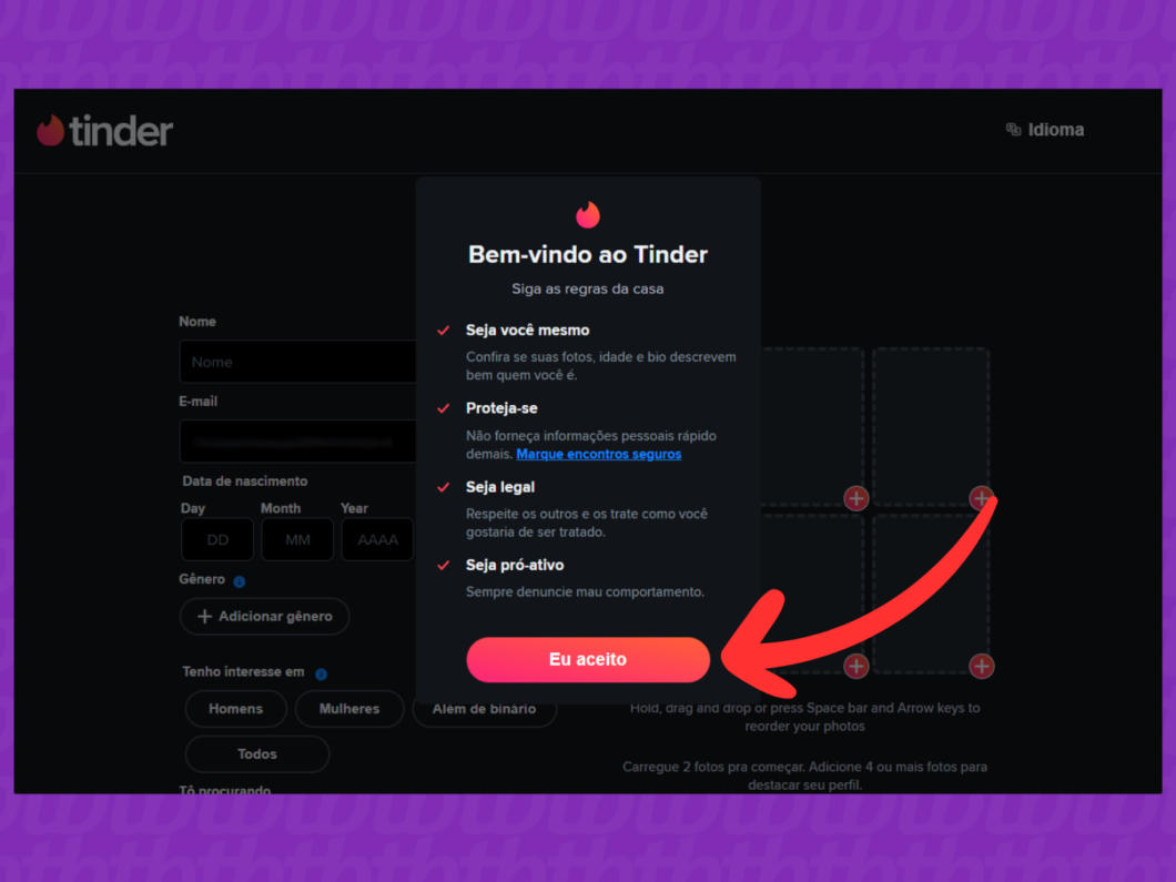 Captura de tela do site Tinder mostra como aceitar as regras do aplicativo