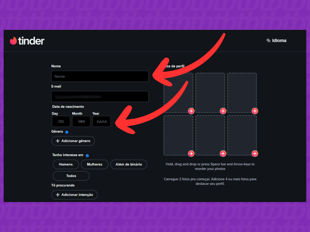 Captura de tela do site Tinder mostra como preencher as informações de nome e idade