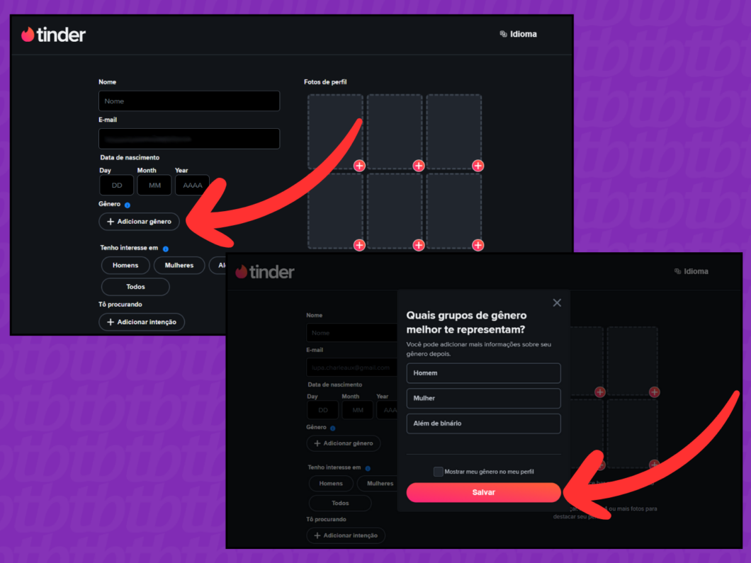 Captura de tela do site Tinder mostra como preencher as informações de gênero