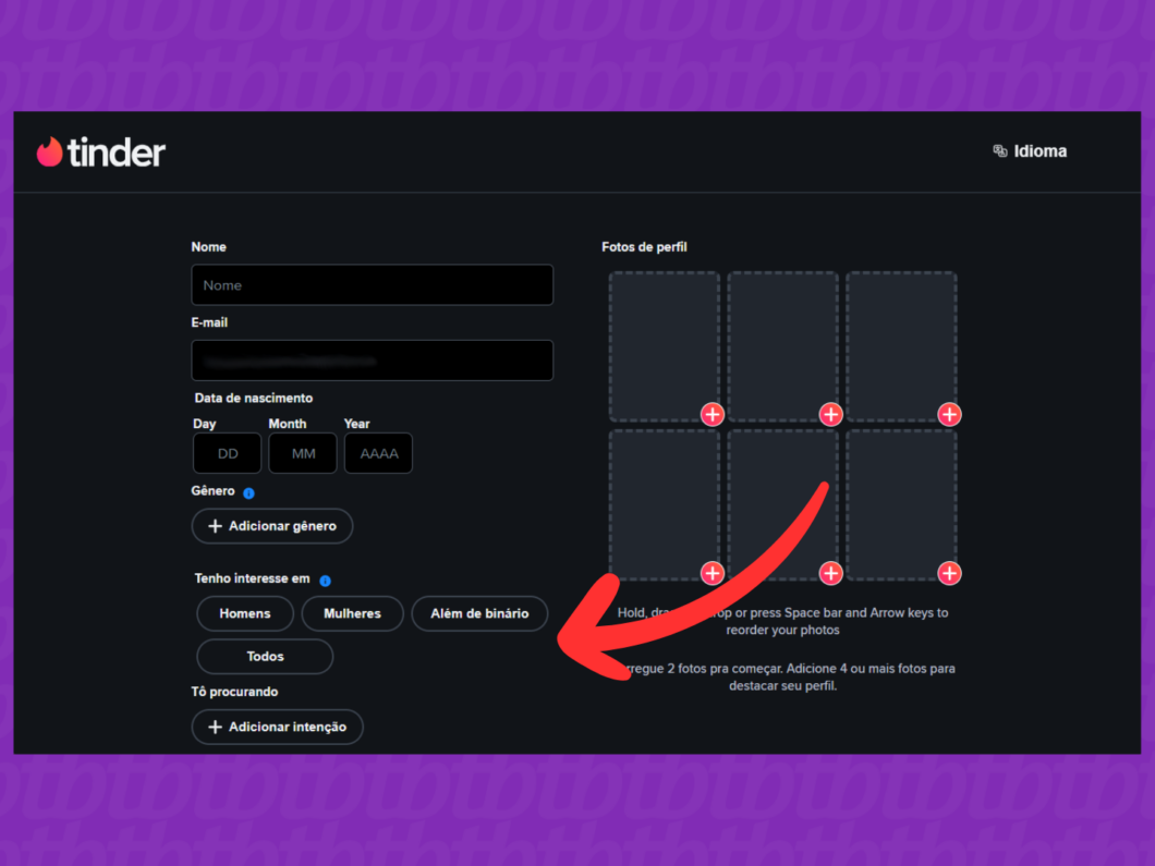 Captura de tela do site Tinder mostra como preencher as informações de interesses