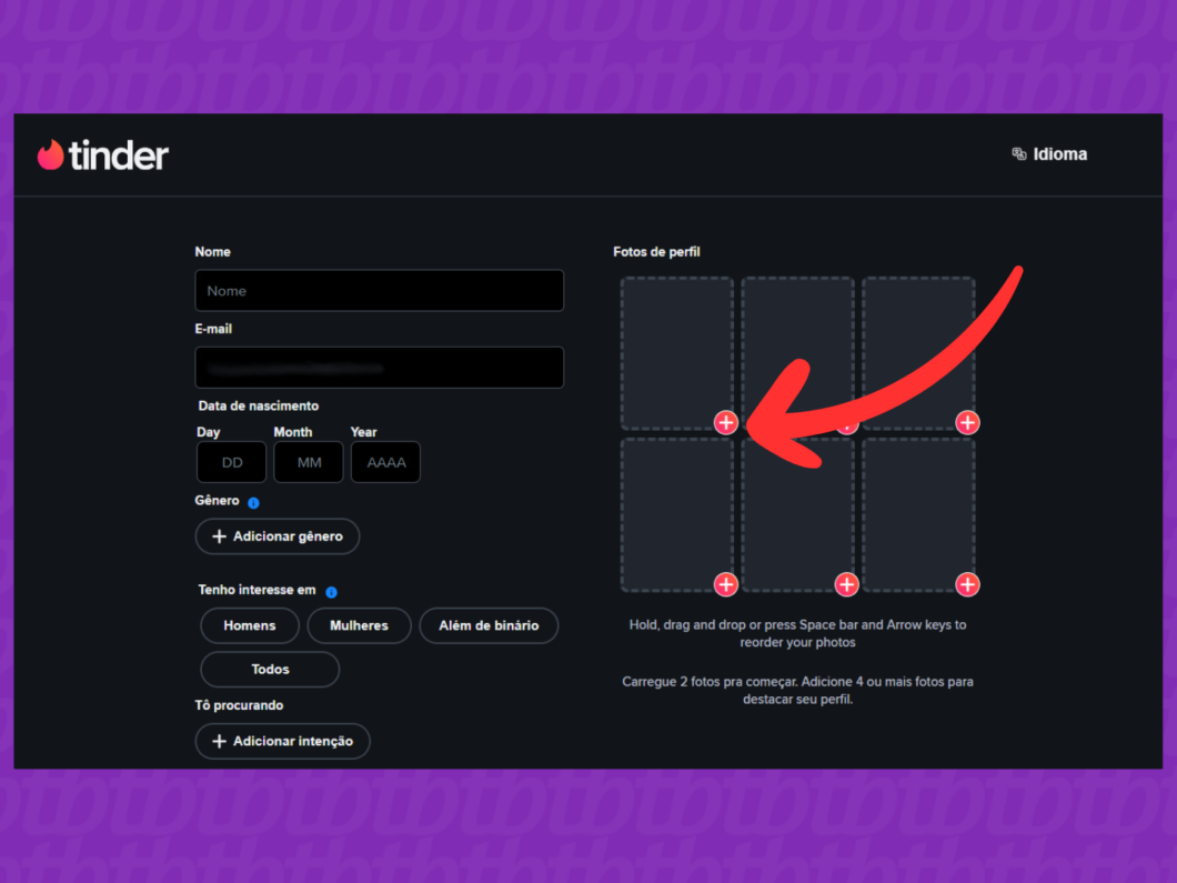 Captura de tela do site Tinder mostra como enviar fotos de perfil