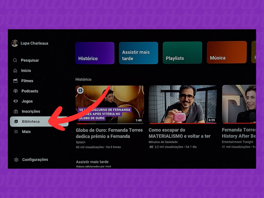 Captura de tela do aplicativo YouTube na smart tv mostra como acessar o menu Biblioteca