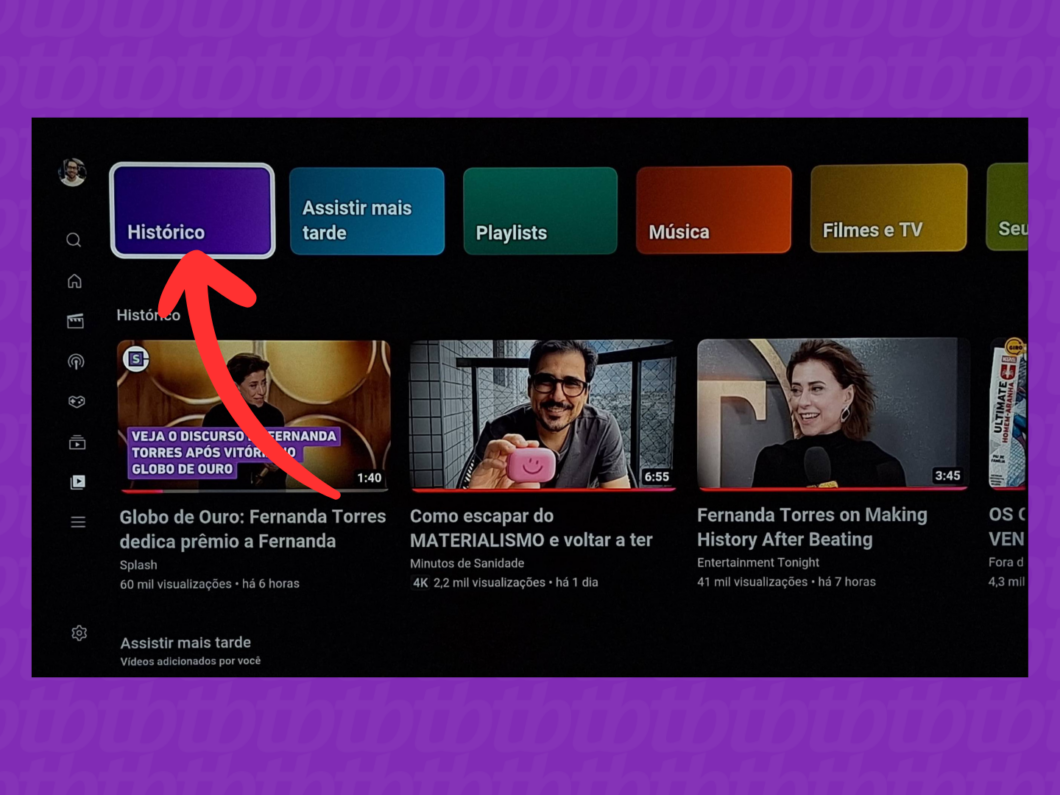 Captura de tela do aplicativo YouTube na smart tv mostra como acessar o menu Histórico