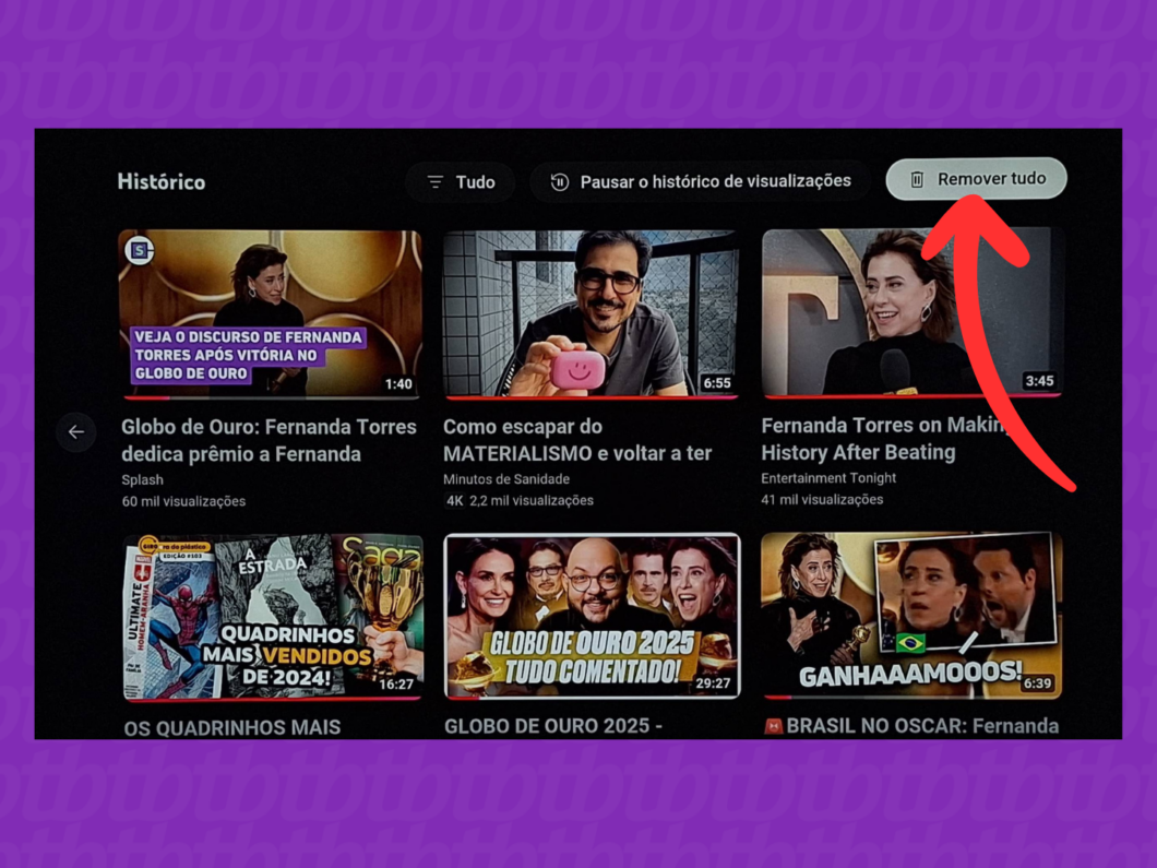 Captura de tela do aplicativo YouTube na smart tv mostra como selecionar a opção Remover tudo