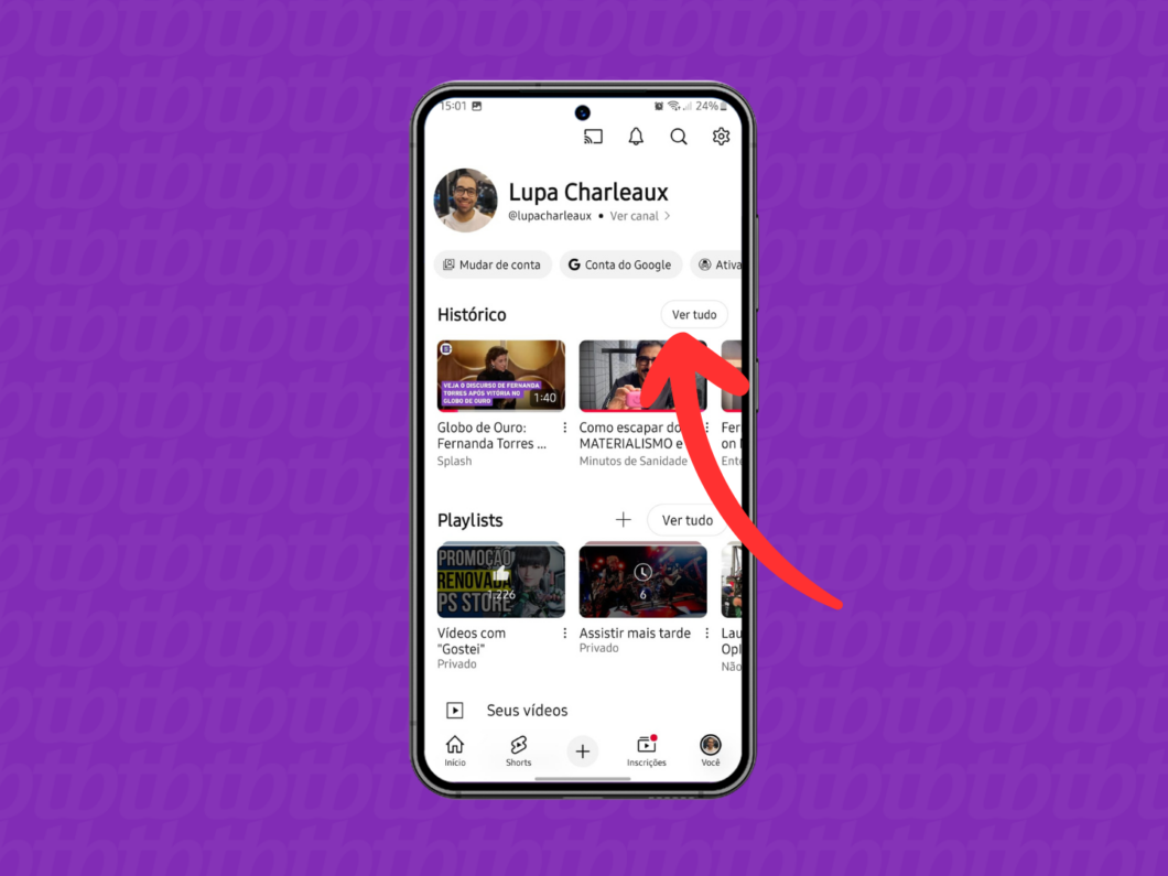 Captura de tela do aplicativo YouTube mostra como acessar o menu Ver Tudo do histórico