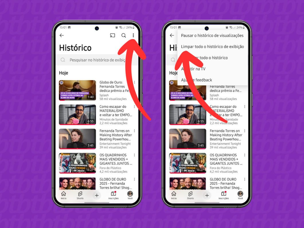 Captura de tela do aplicativo YouTube mostra como acessar a opção Limpar todo o histórico de exibição