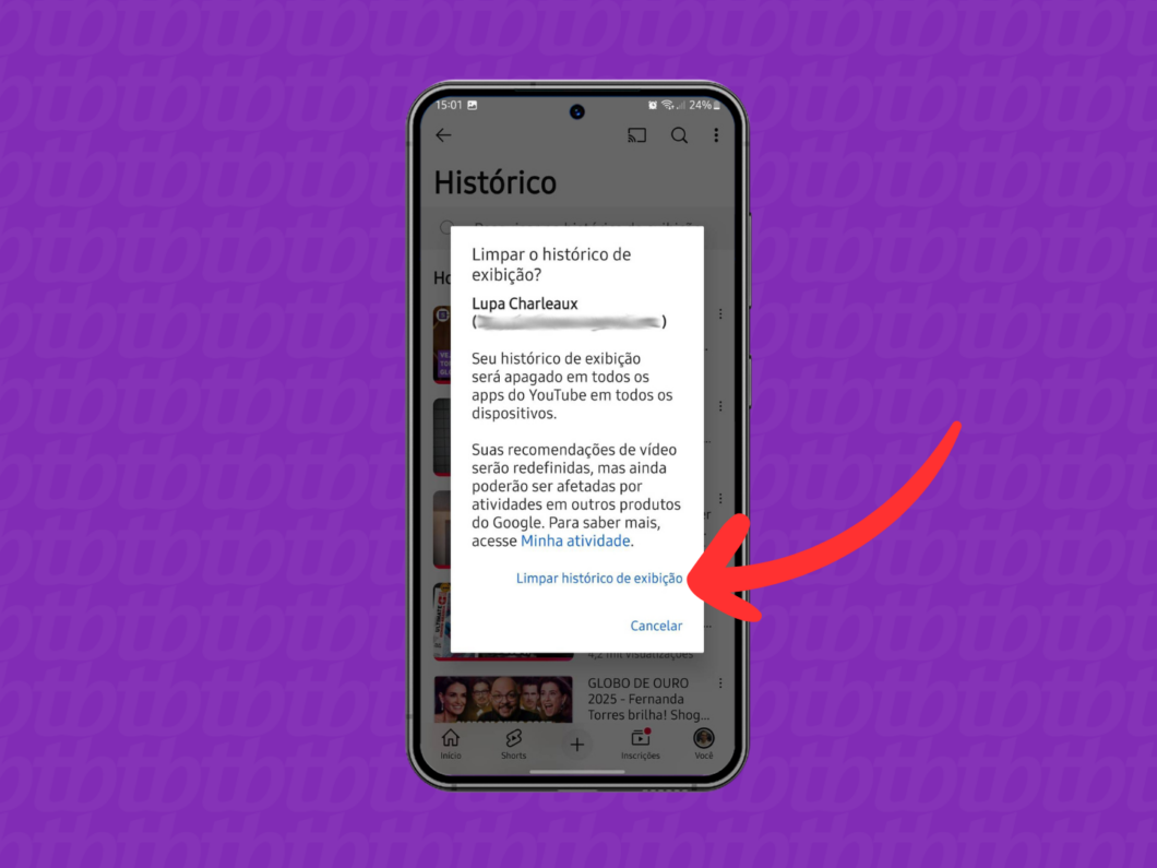 Captura de tela do aplicativo YouTube mostra como confirmar a limpeza do histórico de exibição