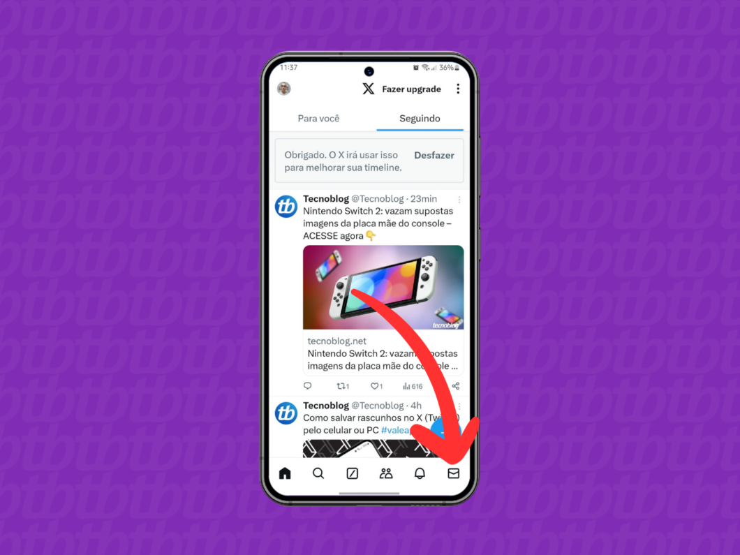 Captura de tela do aplicativo X (Twitter) mostra como acessar o menu Mensagens