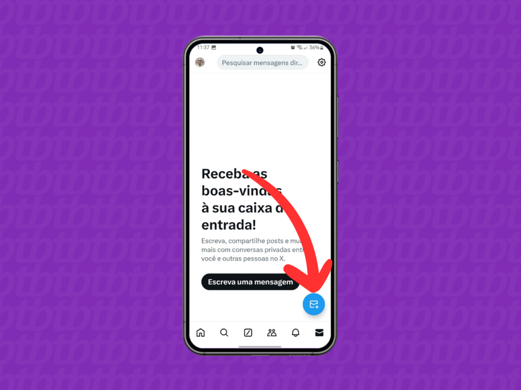 Captura de tela do aplicativo X (Twitter) mostra como iniciar uma nova DM