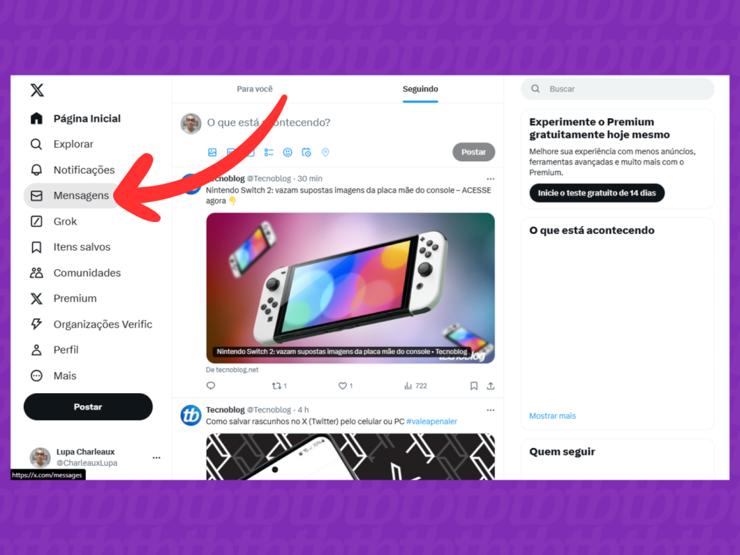 Captura de tela do site X (Twitter) mostra como acessar o menu Mensagens