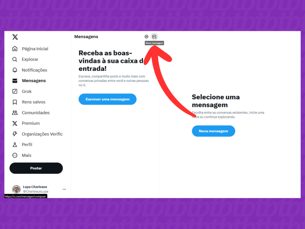 Captura de tela do site X (Twitter) mostra como iniciar uma nova mensagem