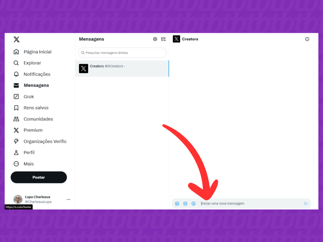 Captura de tela do site X (Twitter) mostra como escrever uma mensagem direta