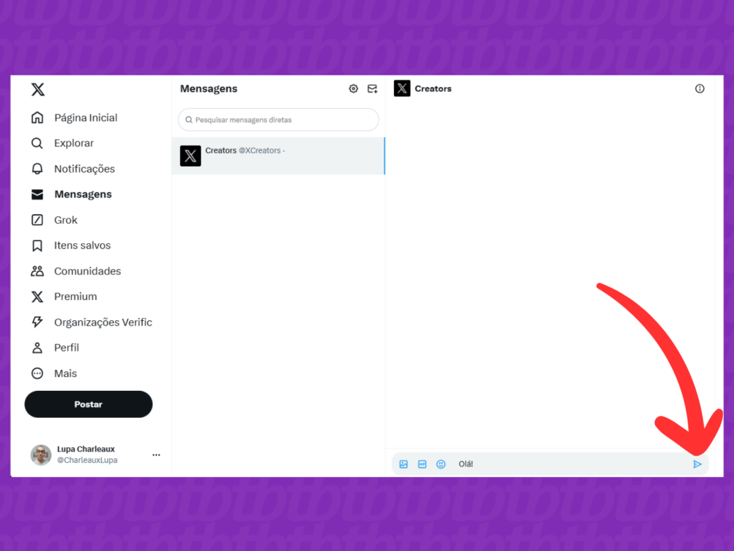 Captura de tela do site X (Twitter) mostra como enviar uma mensagem direta no pc