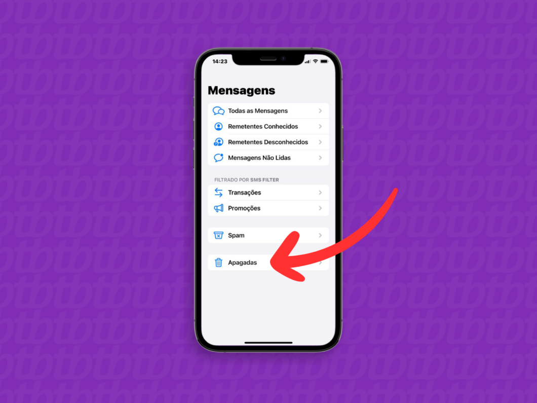 Captura de tela do aplicativo Mensagens do iPhone mostra como acessar o menu Apagadas