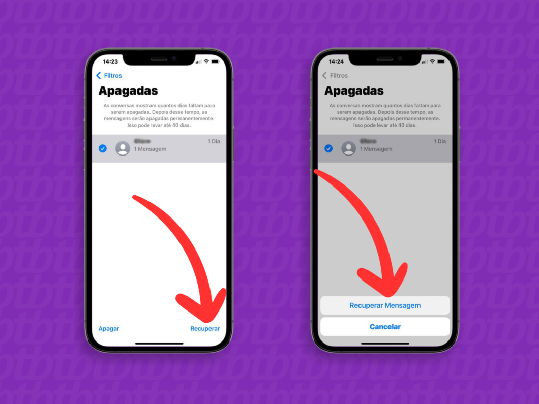 Captura de tela do aplicativo Mensagens do iPhone mostra como recuperar um SMS deletado