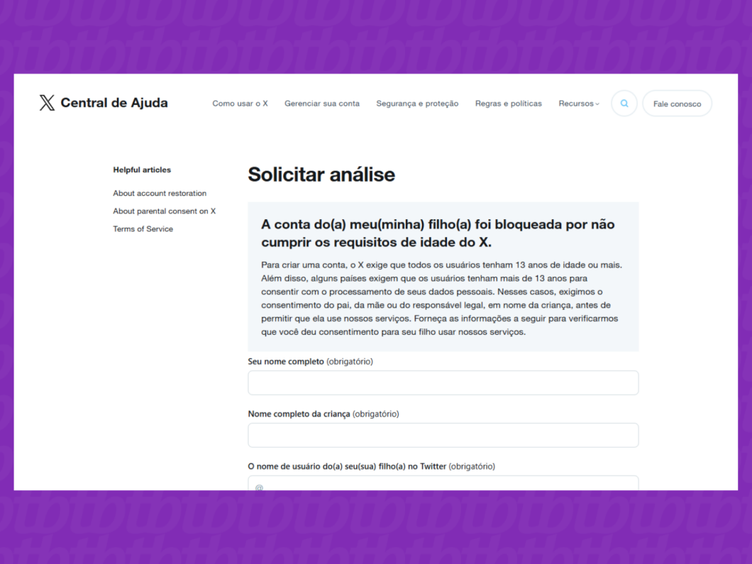 Captura de tela do X (Twitter) mostra o formulário de consentimento parental