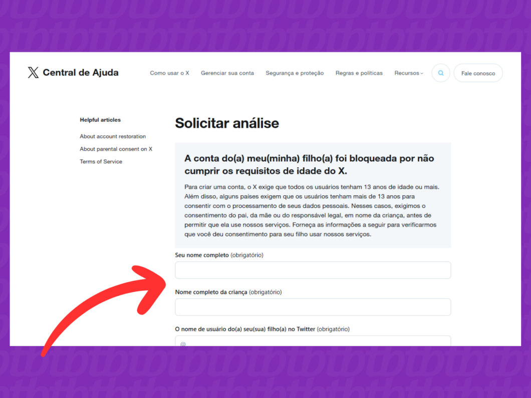 Captura de tela do X (Twitter) mostra como informar o nome do responsável e do dono do perfil da rede social