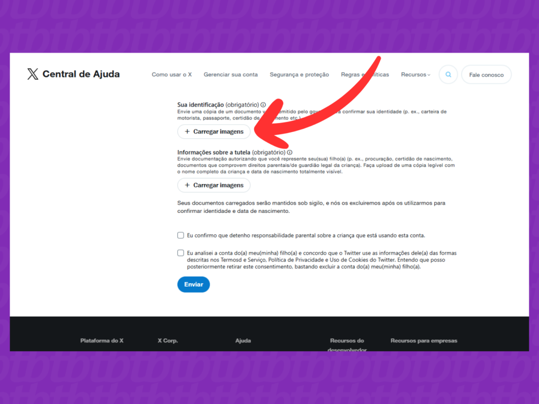 Captura de tela do X (Twitter) mostra como anexar o documento de identificação do responsável