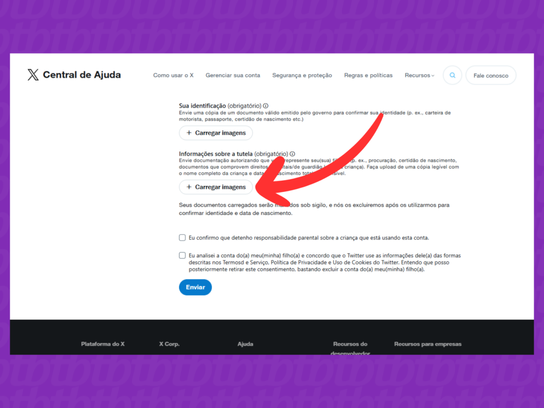 Captura de tela do X (Twitter) mostra como anexar o documento de tutela do dono do perfil