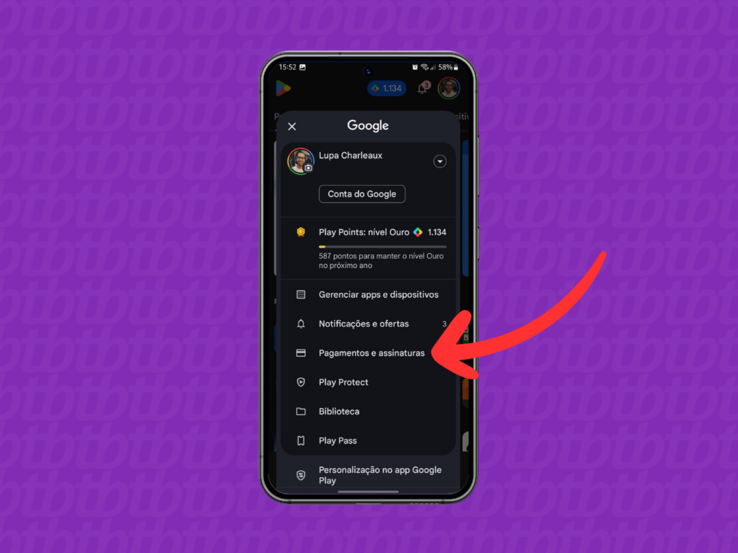 Captura de tela do aplicativo Google Play Store mostra como acessar o menu Pagamentos e assinaturas