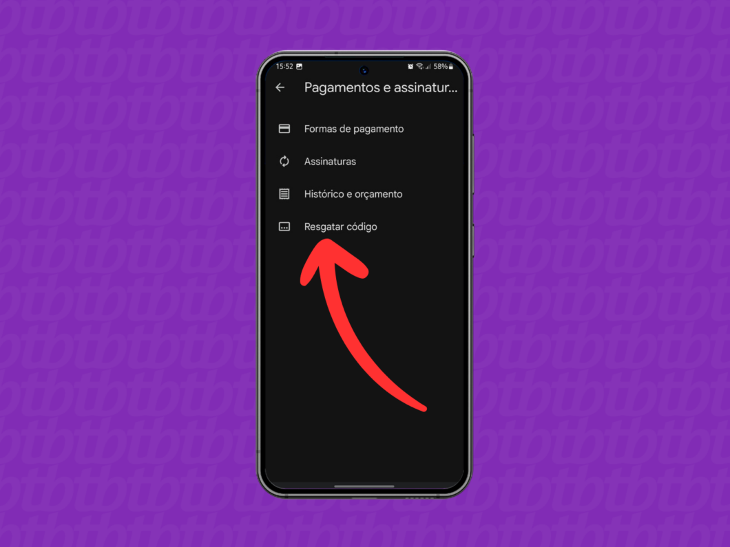 Captura de tela do aplicativo Google Play Store mostra como acessar o menu Resgatar código