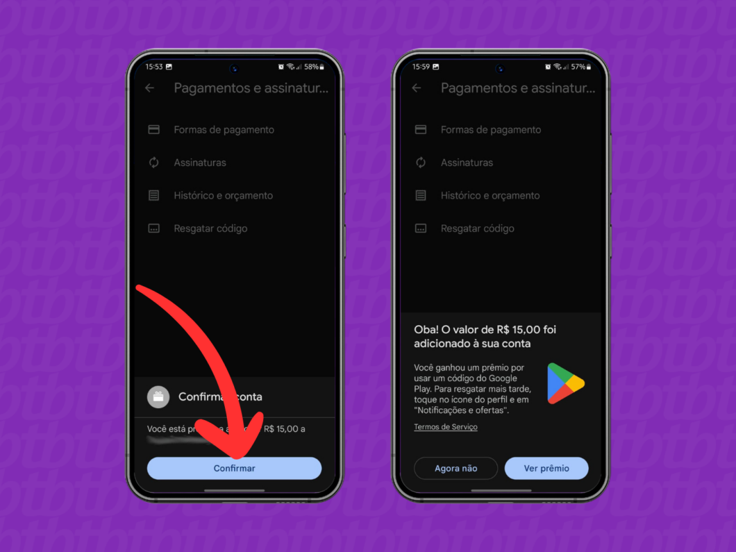 Captura de tela do aplicativo Google Play Store mostra como confirmar a ativação do gift card