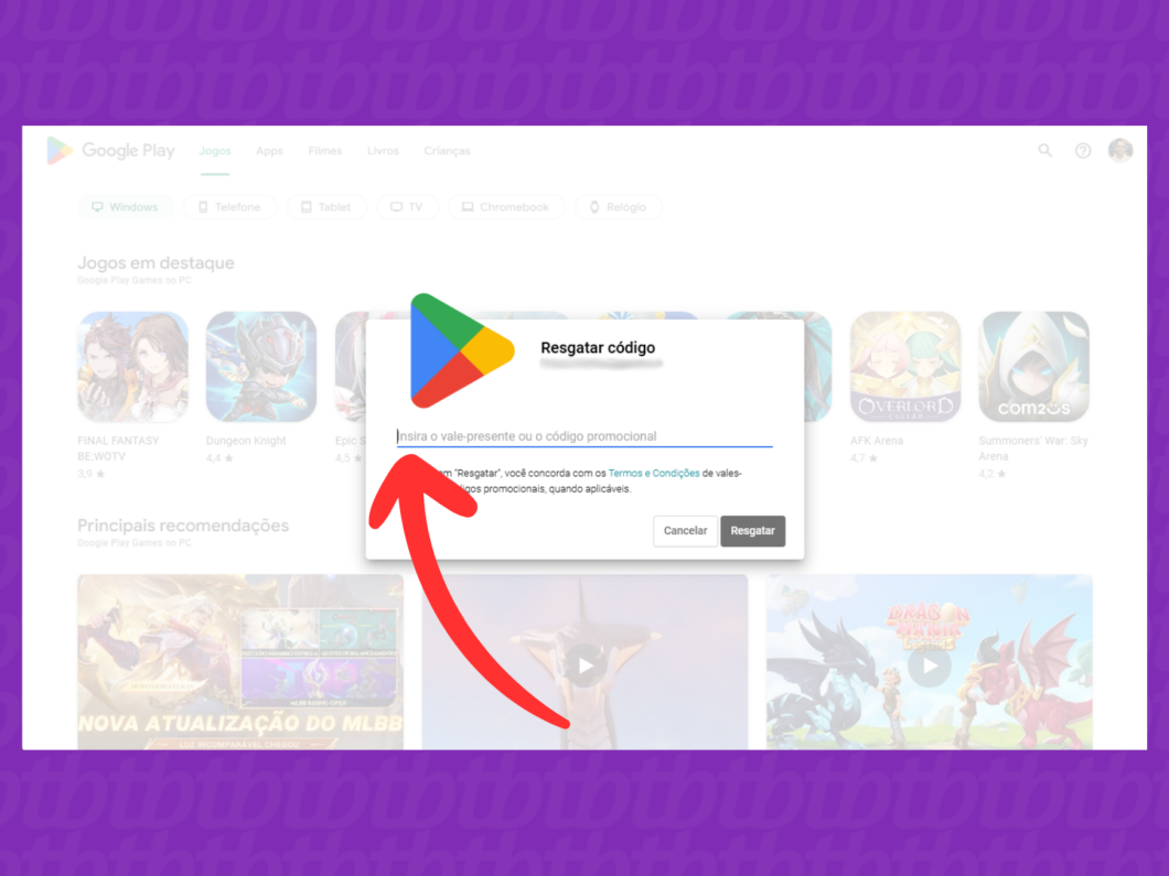 Captura de tela do aplicativo Google Play Store mostra como inserir o código do gift card