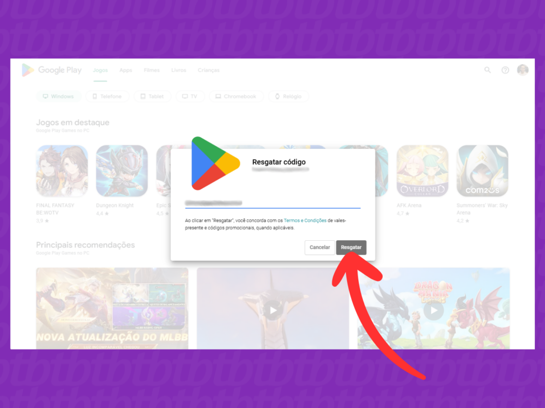 Captura de tela do aplicativo Google Play Store mostra como resgatar o gift card