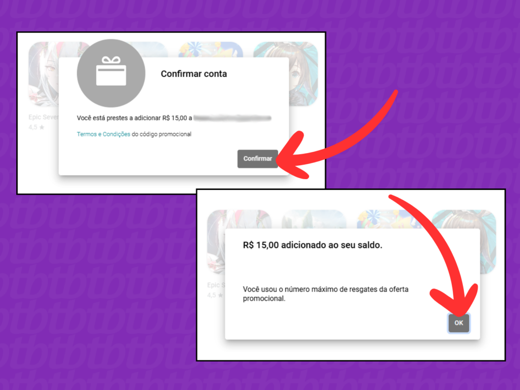 Captura de tela do aplicativo Google Play Store mostra como confirmar o resgate do gift card