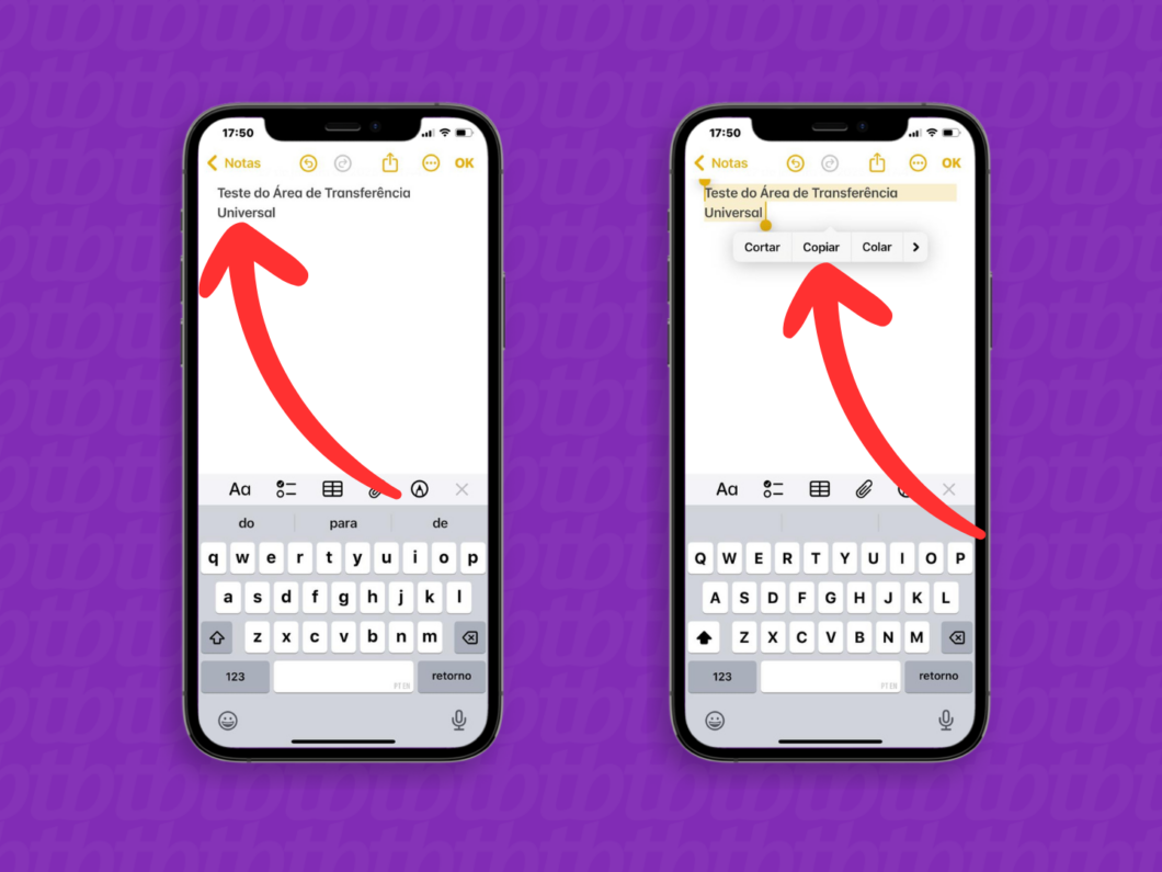 Captura de tela do app Notas do iPhone mostra como selecionar e copiar um texto para a área de transferência universal