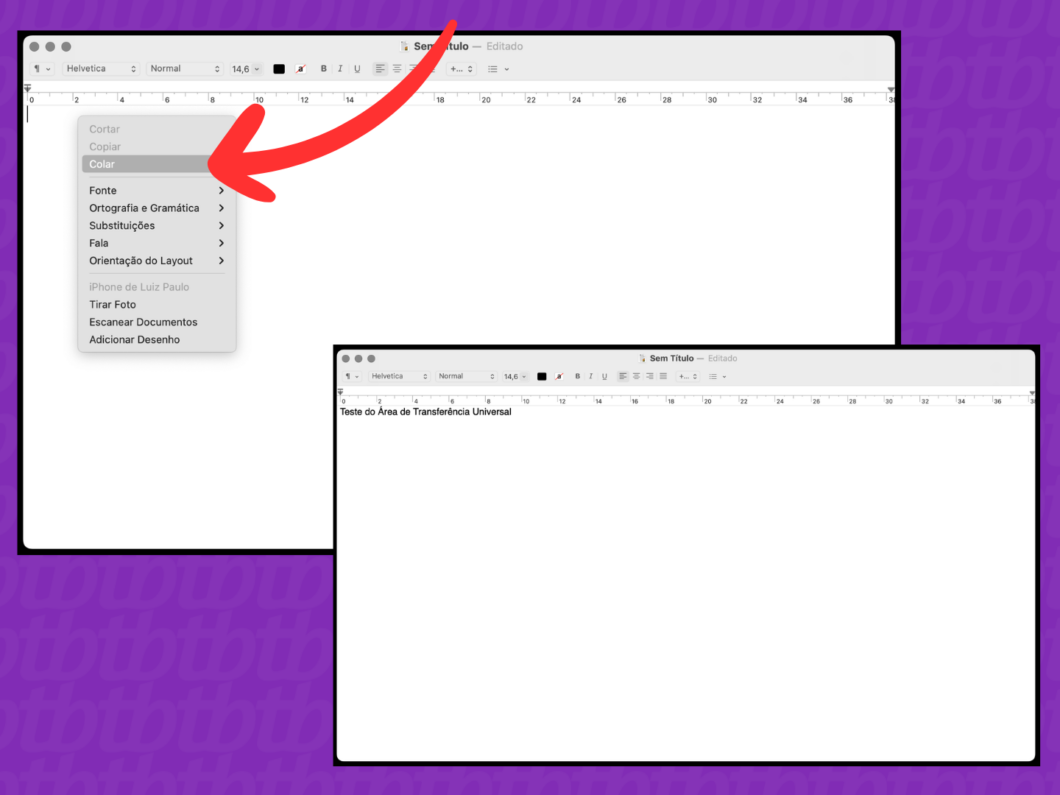 Captura de tela do Mac mostra como colar o conteúdo da Área de transferência universal para o app Editor de Texto
