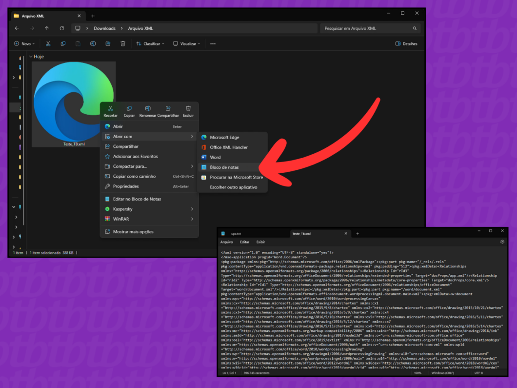 Captura de tela Windows mostra como usar o bloco de notar para abrir o arquivo XML