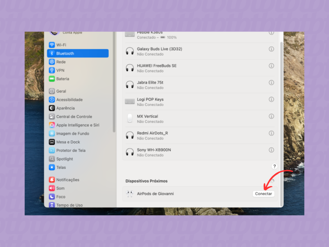 Conectando os Airpods ao dispositivo Mac via Bluetooth