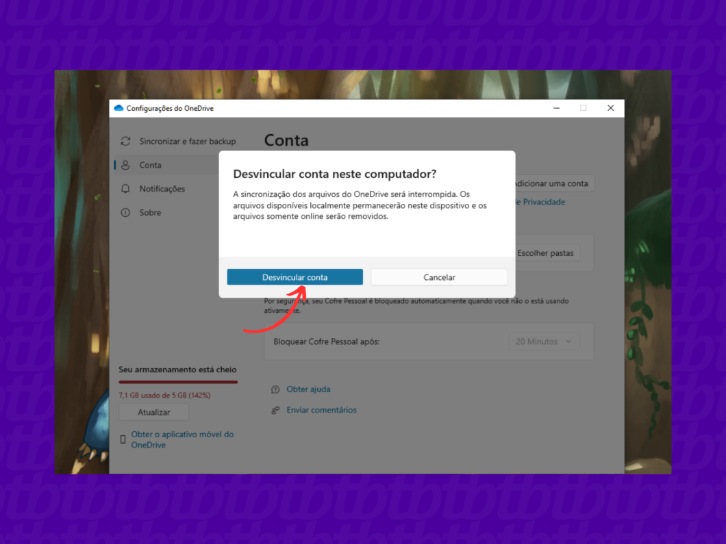 Confirmando a desativação do OneDrive no PC
