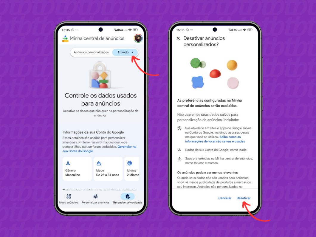 Desativando os anúncios personalizados da Conta Google