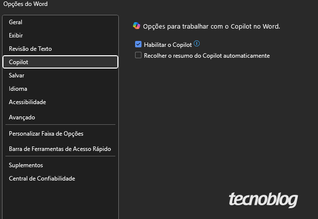 Copilot precisa ser desativado em cada aplicativo a partir da tela de opções do programa (Imagem: Felipe Freitas/Tecnoblog)