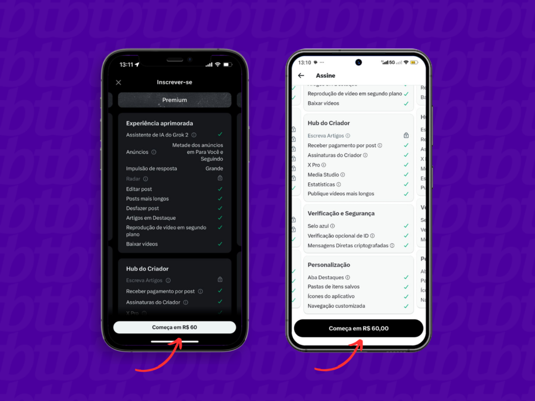 Escolhendo um plano de assinatura do X Premium