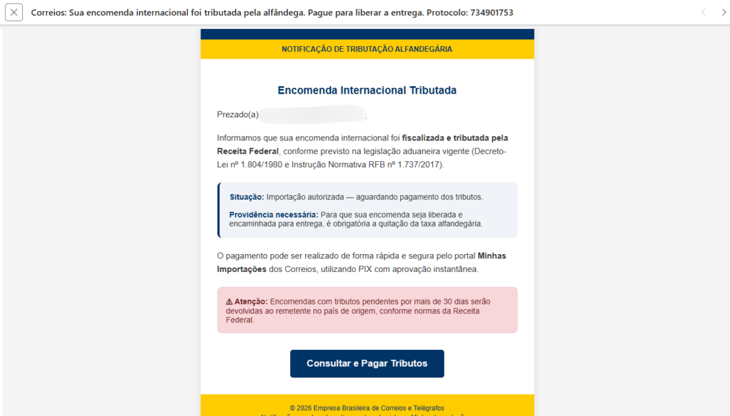 Notificação simulada de tributação dos Correios pedindo pagamento de tributos para “liberar a entrega”