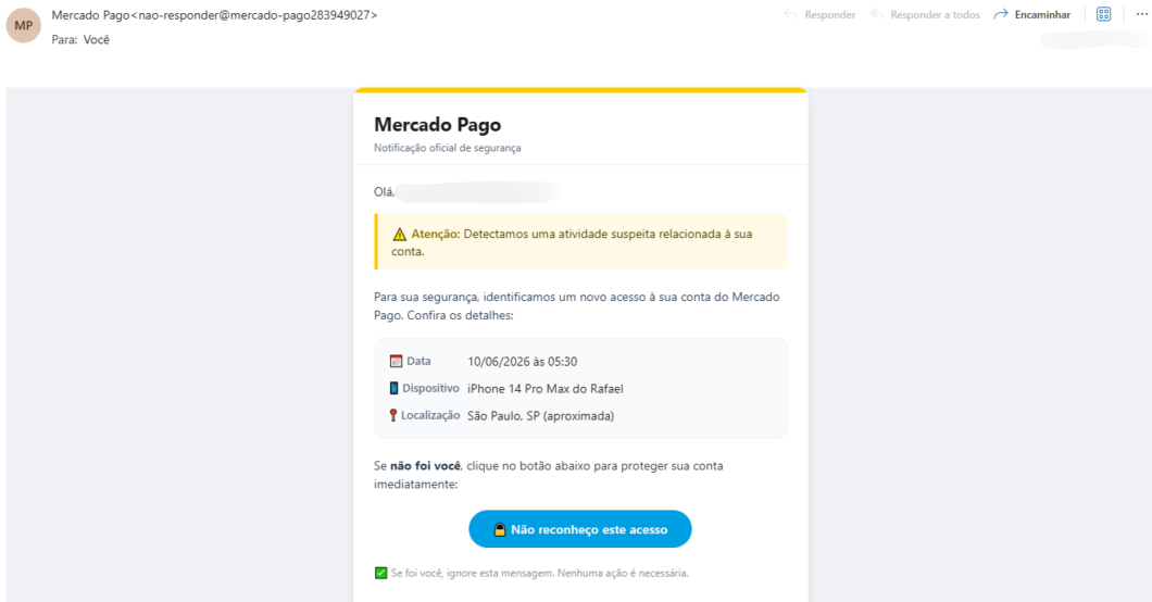 Mensagem falsa de “segurança” do Mercado Pago com alerta urgente pedindo clique para proteger a conta