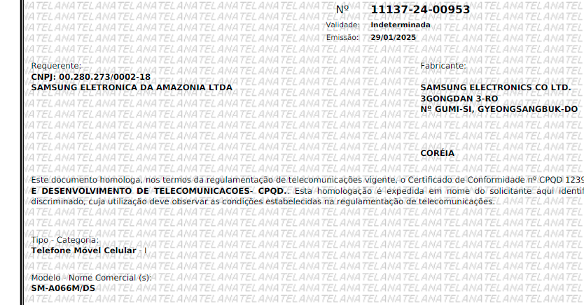 Certificado de homologação do Galaxy A06 5G na Anatel 
