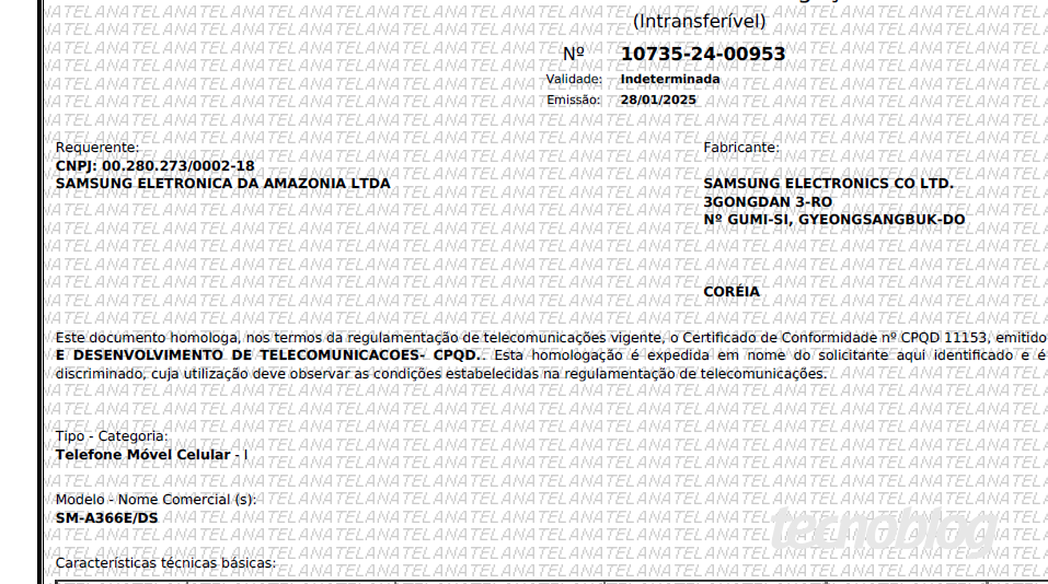 Imagem do documento de certificação do Galaxy A36 na Anatel 