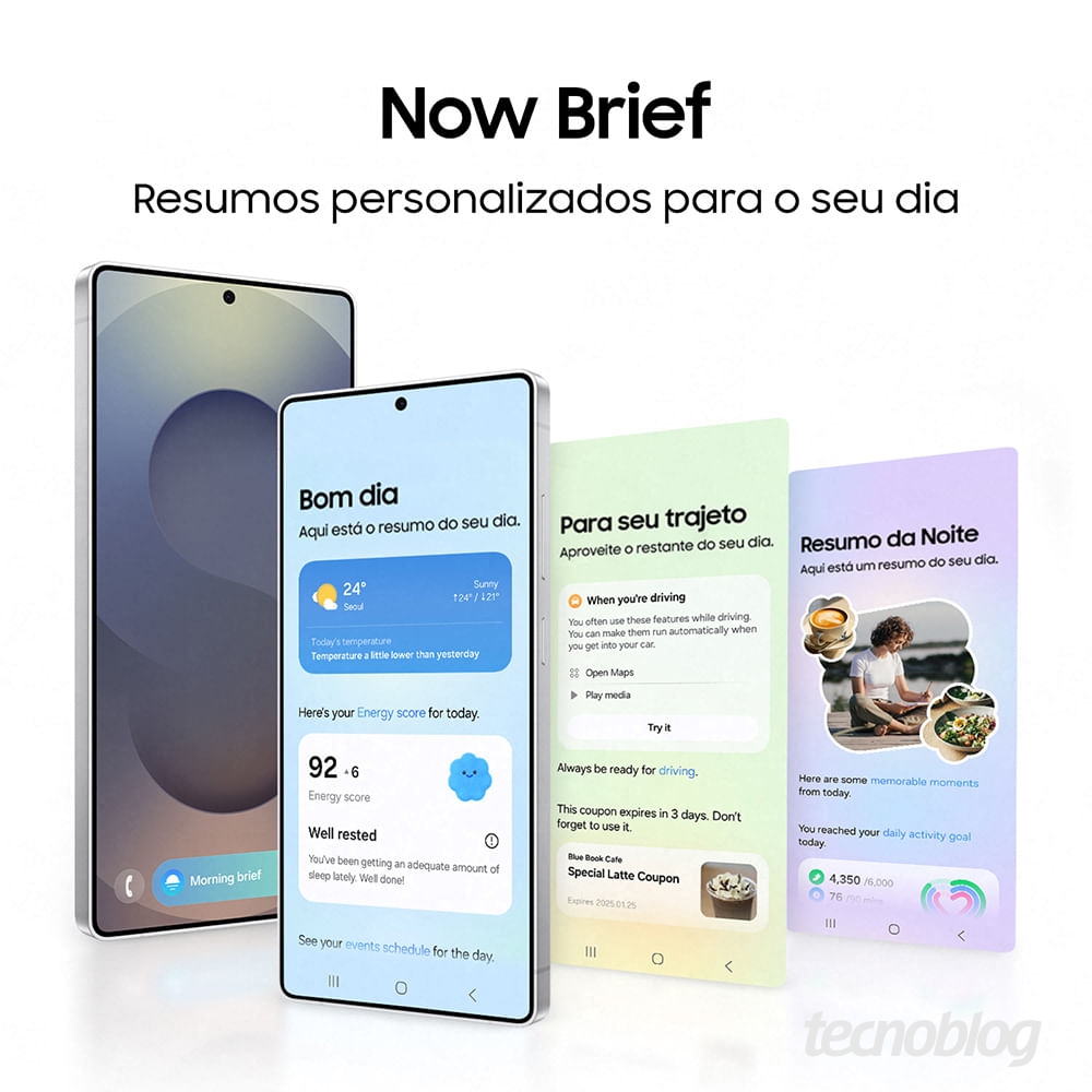 Três telas do Now Brief, com resumos de Bom dia, Para seu trajeto e Resumo da noite, e diversas informações obtidas automaticamente