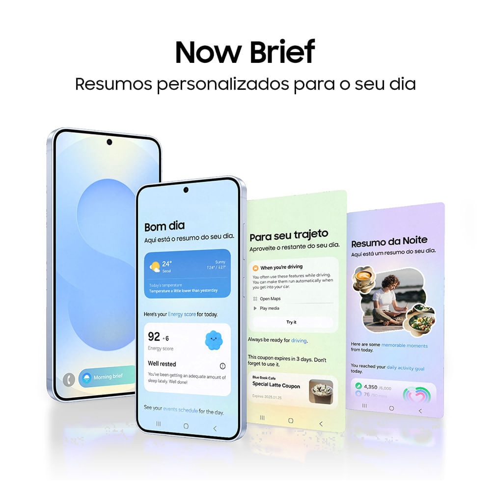 Três telas do Now Brief, com resumos de Bom dia, Para seu trajeto e Resumo da noite, e diversas informações obtidas automaticamente