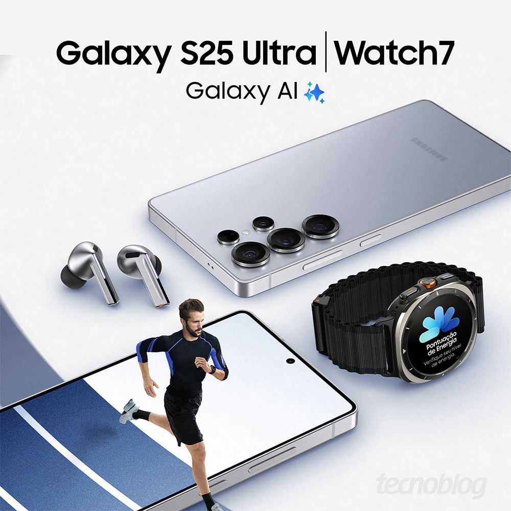 Montagem com Galaxy 25 Ultra, Galaxy Watch 7 e Galaxy Buds 3 Pro