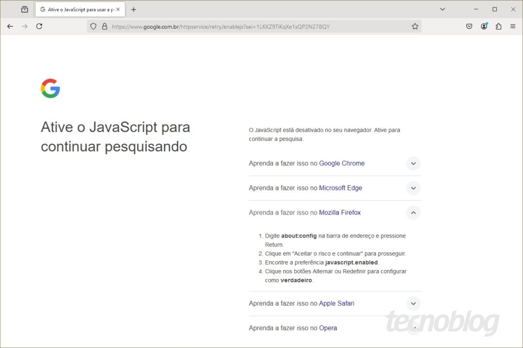 Aviso do Google para JavaScript desativado no Firefox